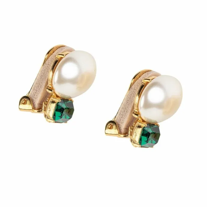 Kenneth Jay Lane Dark Color Gem Earrings Women Pearl and Emerald Stone ClipOn Earrings