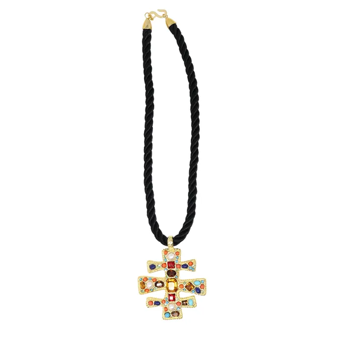 Kenneth Jay Lane Dark Color Gem Necklaces Women Black Cord Satin Gold Multi Gem Pendant Kenneth Jay Lane Dark Color Gem Necklaces Women Black Cord Satin Gold Multi Gem Pendant