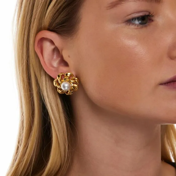 Kenneth Jay Lane Metallic Finish Earrings Women Gold And Pearl Open Link Flower Pierced Earring Kenneth Jay Lane Metallic Finish Earrings Women Gold And Pearl Open Link Flower Pierced Earring