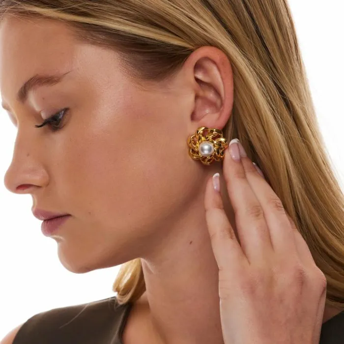 Kenneth Jay Lane Metallic Finish Earrings Women Gold And Pearl Open Link Flower Pierced Earring Kenneth Jay Lane Metallic Finish Earrings Women Gold And Pearl Open Link Flower Pierced Earring