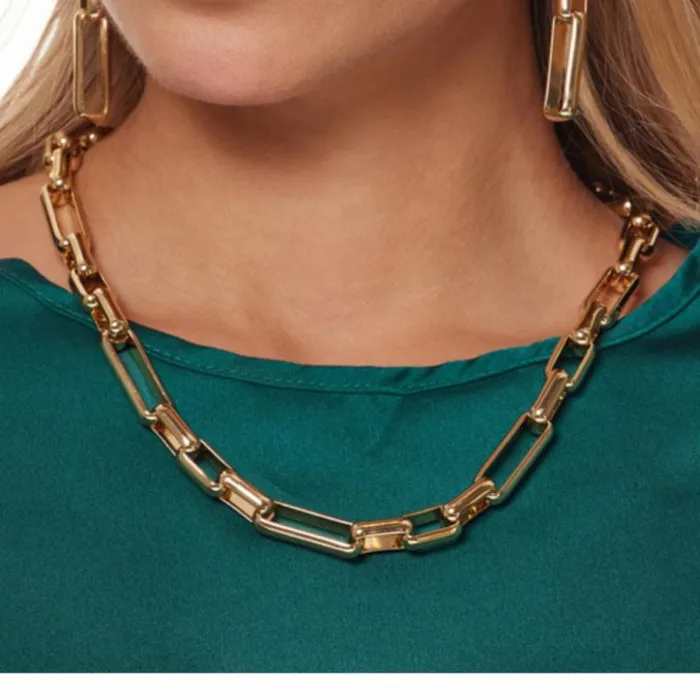Kenneth Jay Lane Metallic Finish Earrings Women Polished Gold Square Link Necklace Kenneth Jay Lane Metallic Finish Earrings Women Polished Gold Square Link Necklace