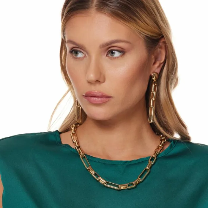 Kenneth Jay Lane Metallic Finish Earrings Women Polished Gold Square Link Necklace