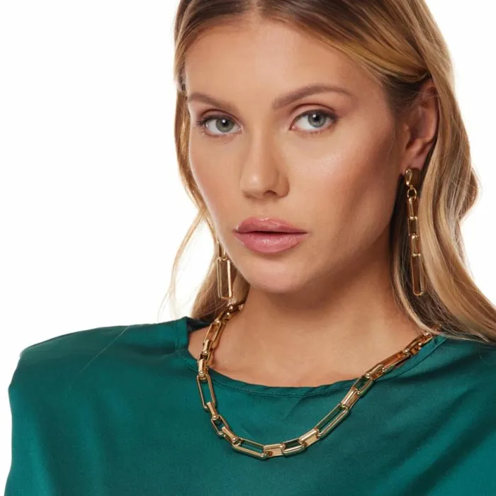 Kenneth Jay Lane Metallic Finish Earrings Women Polished Gold Square Link Necklace