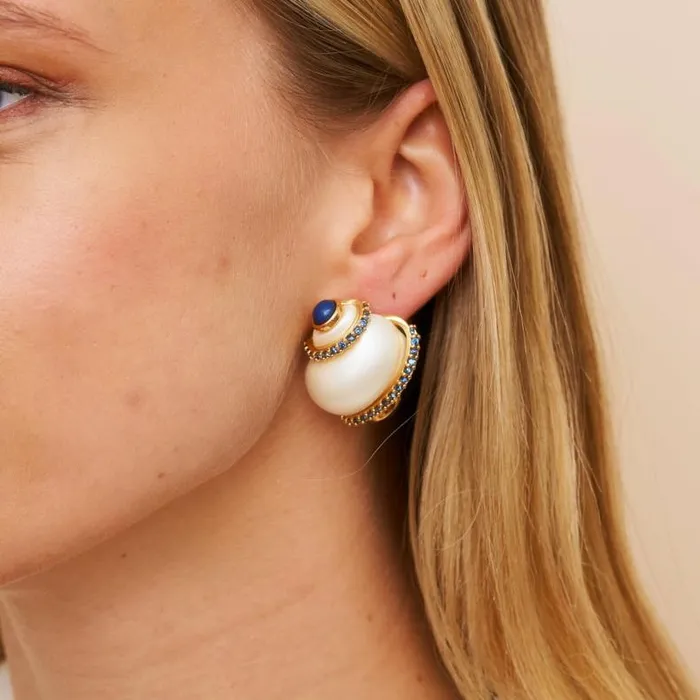 Kenneth Jay Lane Pearl Earrings Women Sapphire Tip Pearl Shell Pierced Earrings