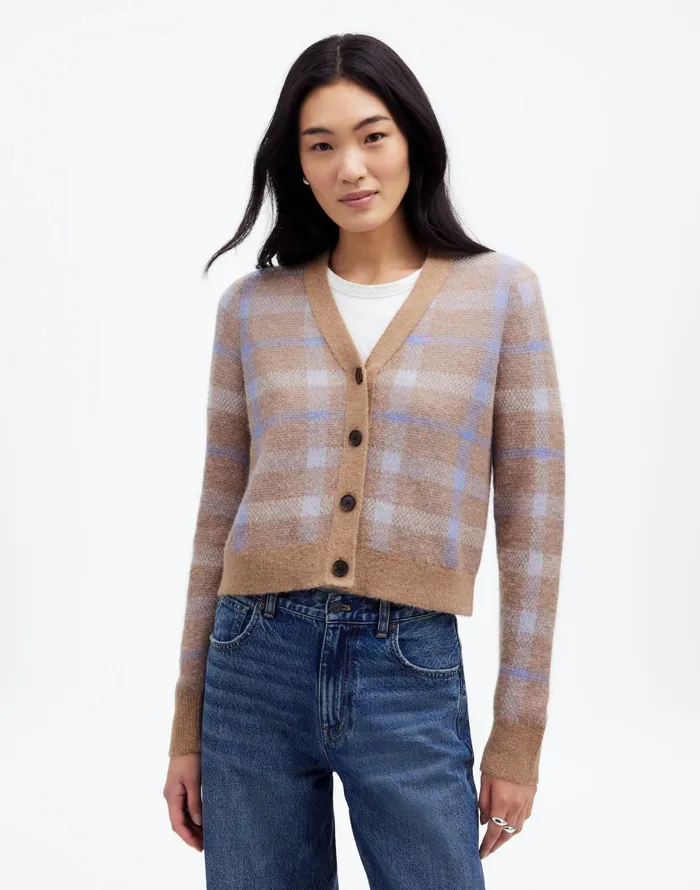 Madewell AlpacaBlend VNeck Cardigan In Plaid Warm Camel Plaid Women Sweaters