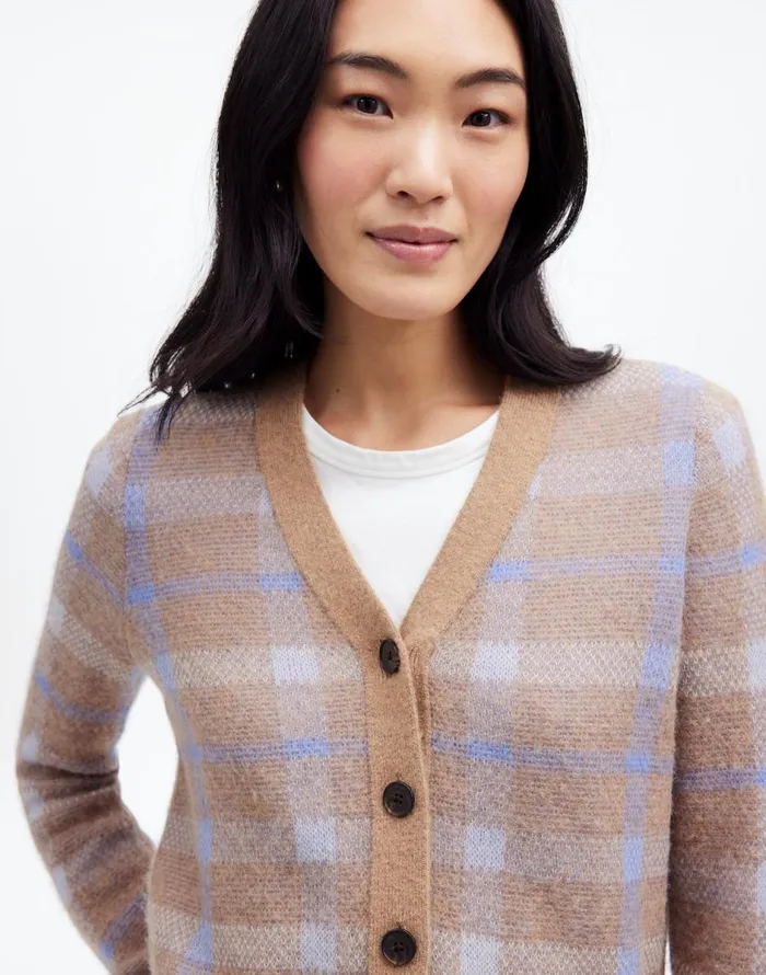 Madewell AlpacaBlend VNeck Cardigan In Plaid Warm Camel Plaid Women Sweaters