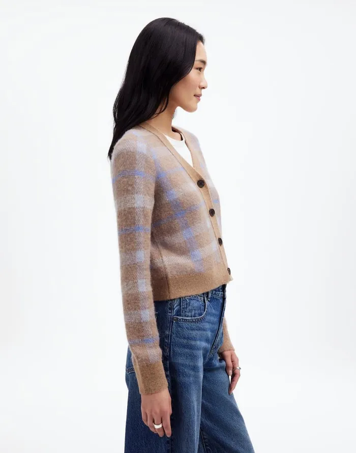 Madewell AlpacaBlend VNeck Cardigan In Plaid Warm Camel Plaid Women Sweaters