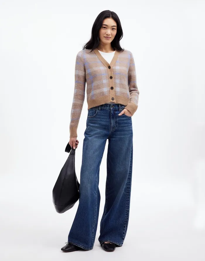 Madewell AlpacaBlend VNeck Cardigan In Plaid Warm Camel Plaid Women Sweaters