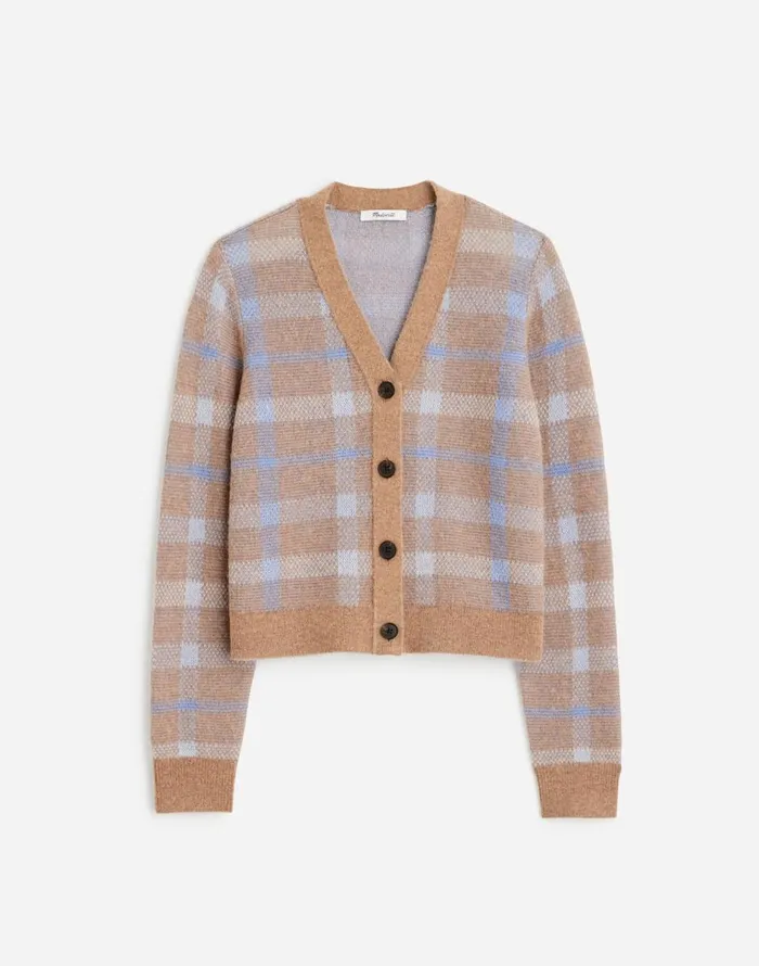 Madewell AlpacaBlend VNeck Cardigan In Plaid Warm Camel Plaid Women Sweaters