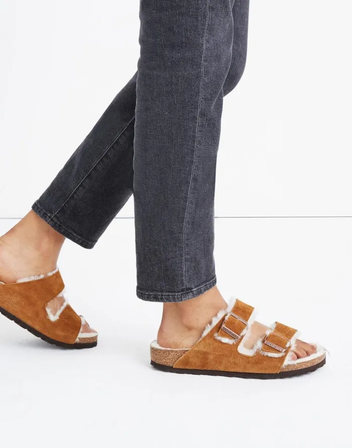 Madewell Birkenstock Suede Arizona Sandals In Shearling Mink Natural Women Sandals