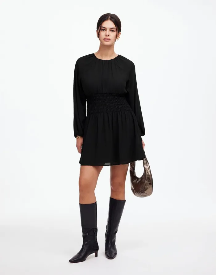 Madewell BubbleSleeve Smocked Mini Dress True Black Women Dresses