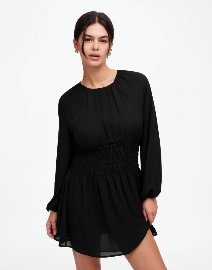 Madewell BubbleSleeve Smocked Mini Dress True Black Women Dresses