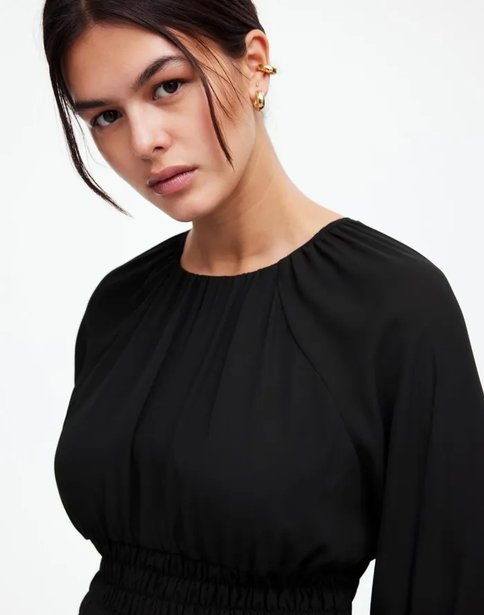 Madewell BubbleSleeve Smocked Mini Dress True Black Women Dresses