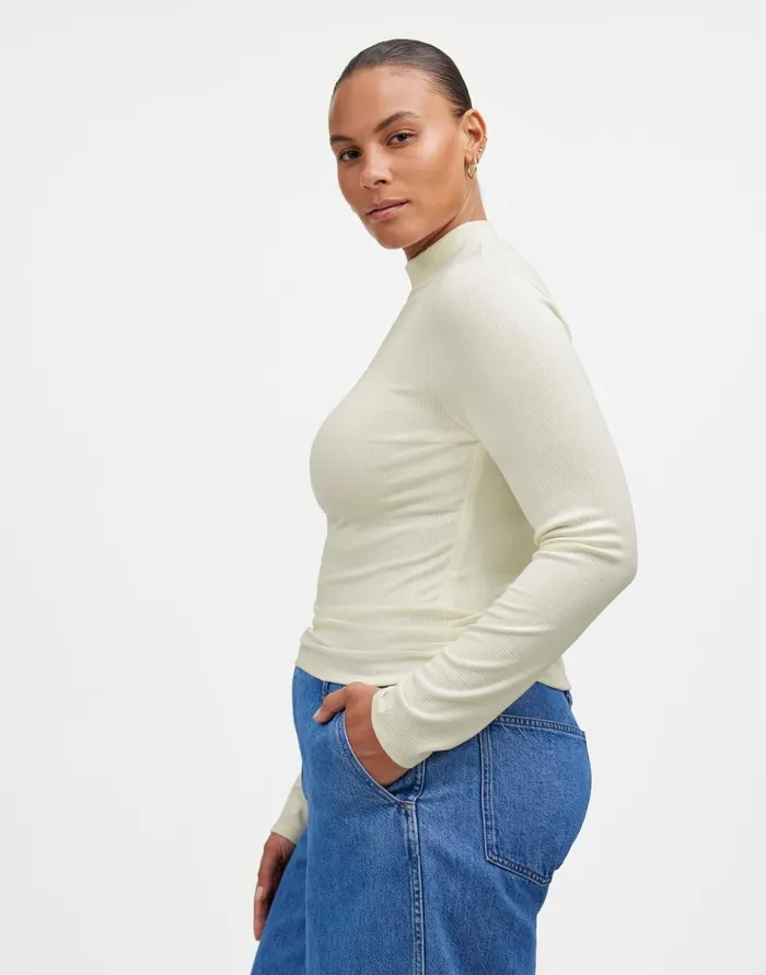 Madewell Drapey Rib LongSleeve Mockneck Top Winter White Women Tees