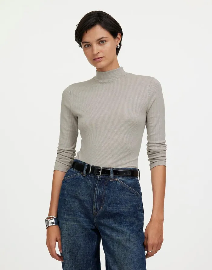 Madewell Heathered Drapey Rib LongSleeve Mockneck Top Hthr Steel Morning Women Tees Madewell Heathered Drapey Rib LongSleeve Mockneck Top Hthr Steel Morning Women Tees