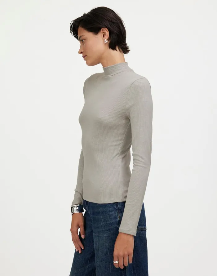 Madewell Heathered Drapey Rib LongSleeve Mockneck Top Hthr Steel Morning Women Tees