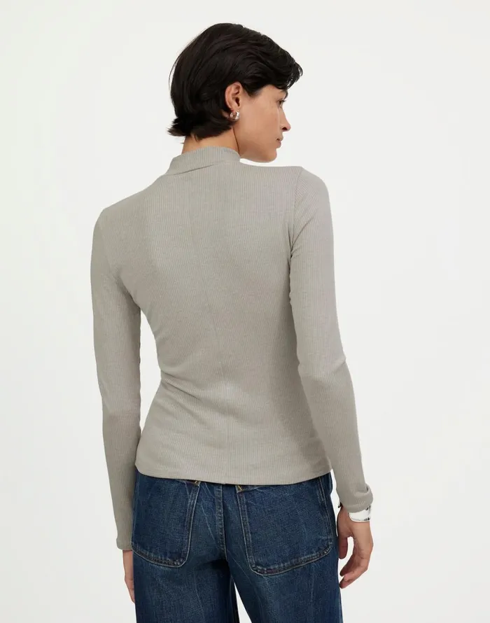 Madewell Heathered Drapey Rib LongSleeve Mockneck Top Hthr Steel Morning Women Tees