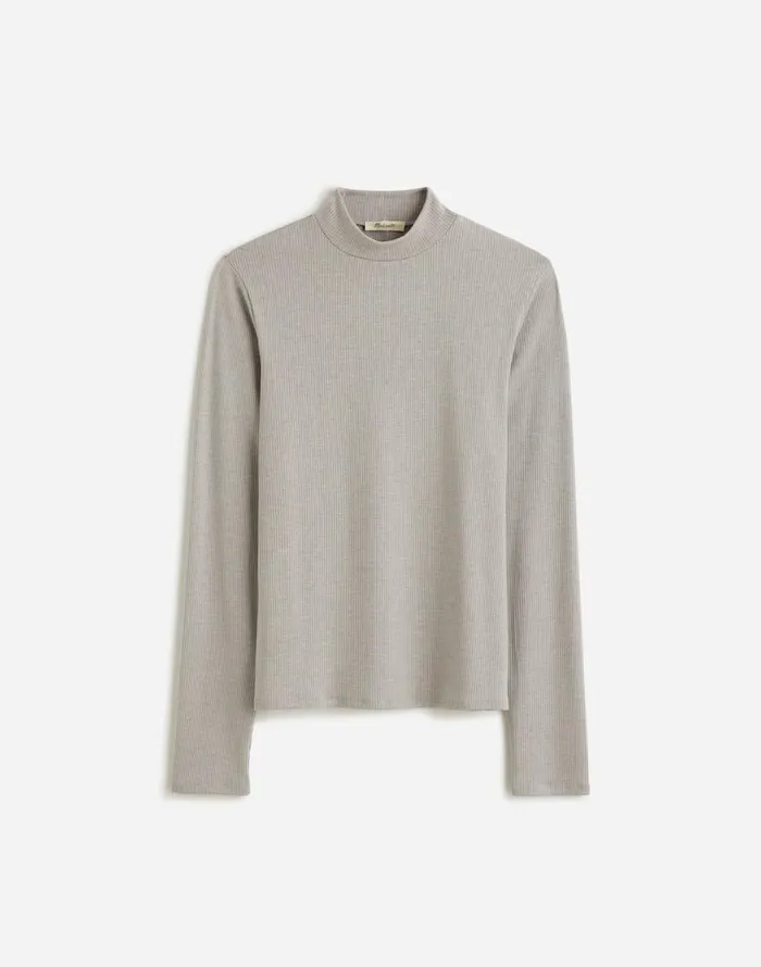 Madewell Heathered Drapey Rib LongSleeve Mockneck Top Hthr Steel Morning Women Tees