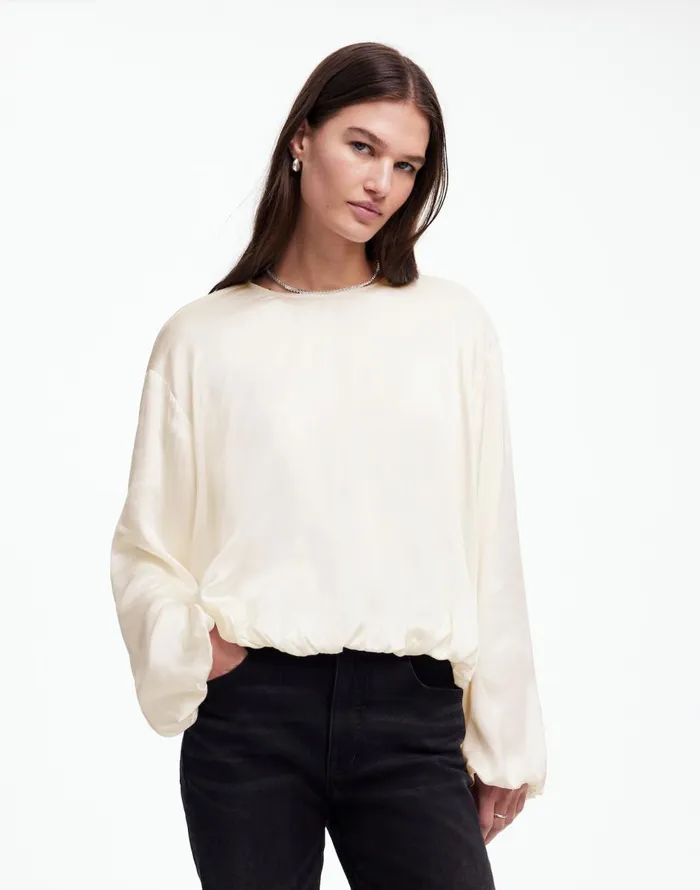 Madewell LongSleeve BubbleHem Top In Satin Winter White Women Tops and Shirts