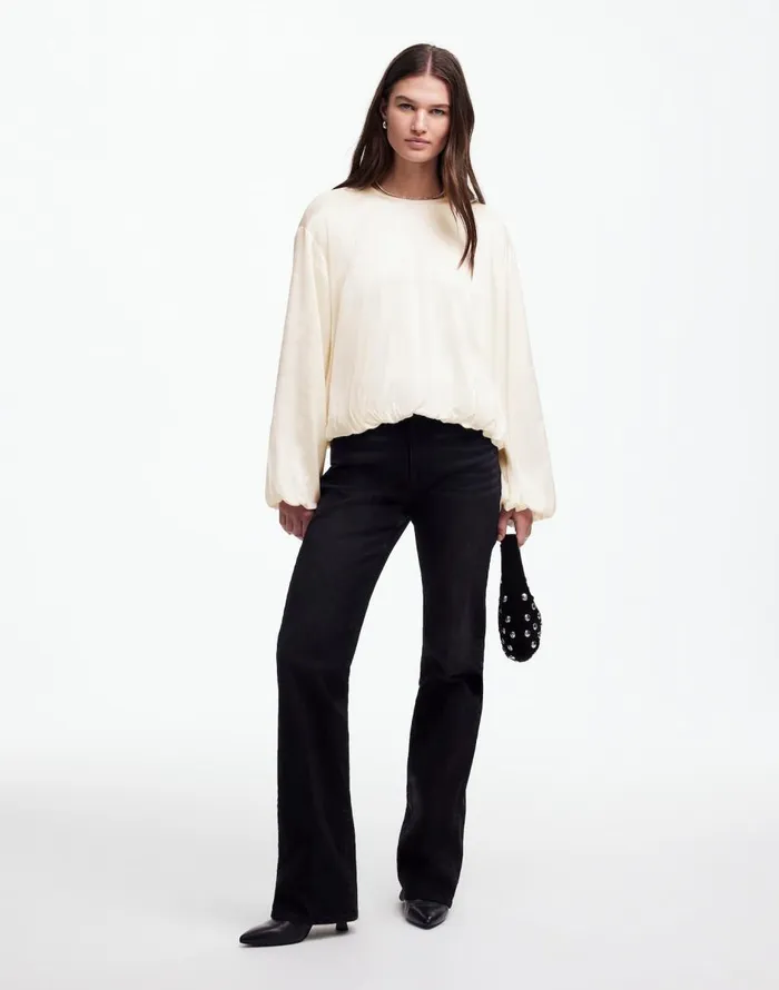 Madewell LongSleeve BubbleHem Top In Satin Winter White Women Tops and Shirts