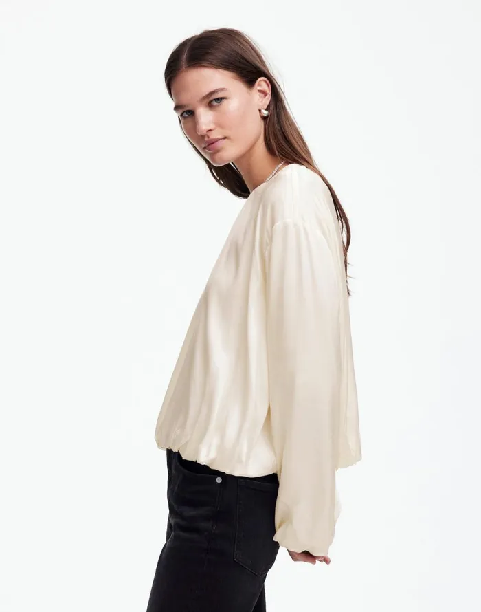 Madewell LongSleeve BubbleHem Top In Satin Winter White Women Tops and Shirts