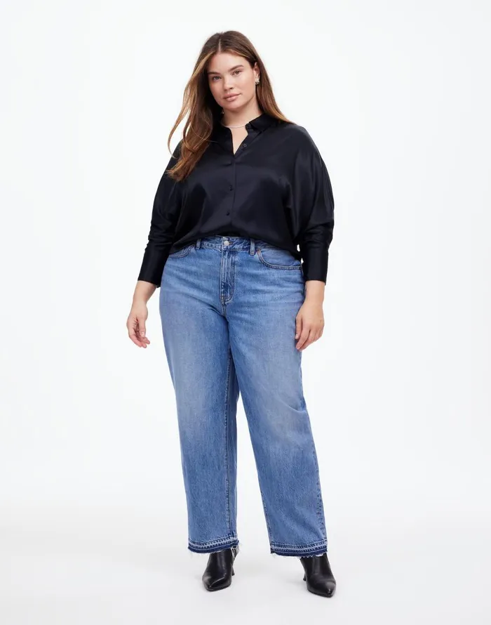 Madewell Plus Relaxed Dolman ButtonUp Shirt In Satin True Black Women Tops and Shirts Madewell Plus Relaxed Dolman ButtonUp Shirt In Satin True Black Women Tops and Shirts