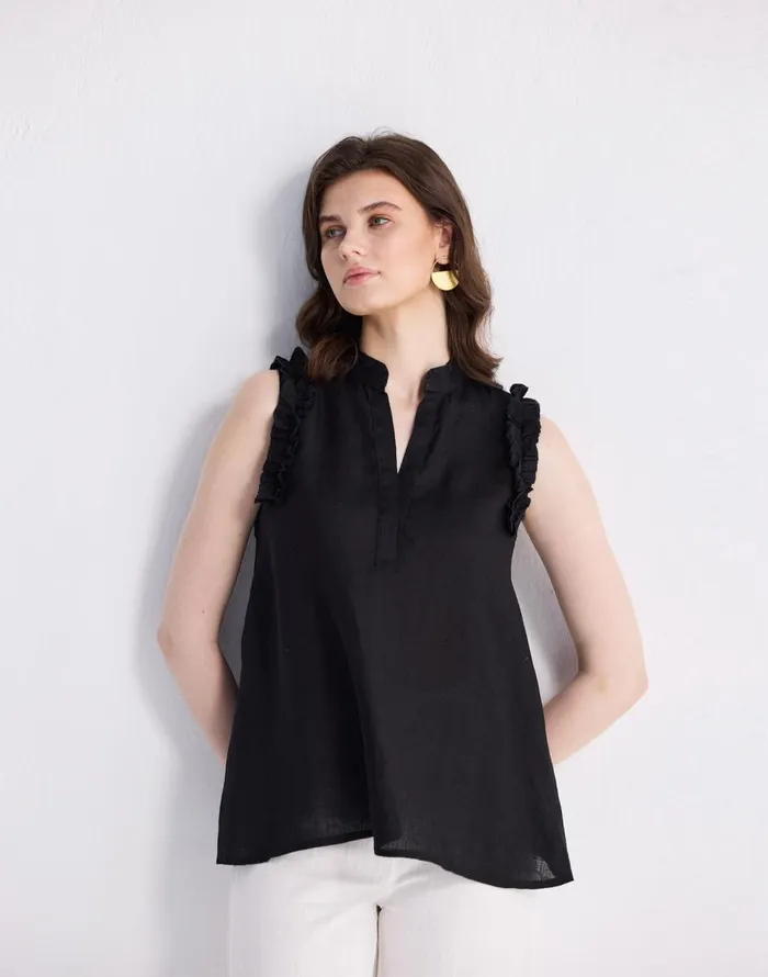 Madewell Reistor Sleeveless 100 Hemp Top With Ruffles In Black Black Women Tops and Shirts Madewell Reistor Sleeveless 100 Hemp Top With Ruffles In Black Black Women Tops and Shirts