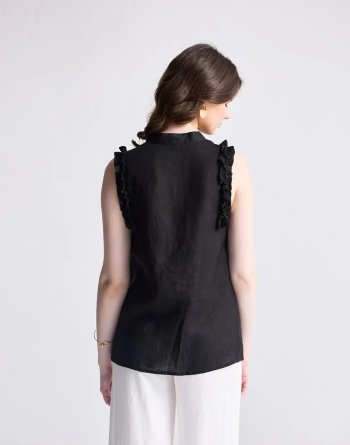 Madewell Reistor Sleeveless 100 Hemp Top With Ruffles In Black Black Women Tops and Shirts
