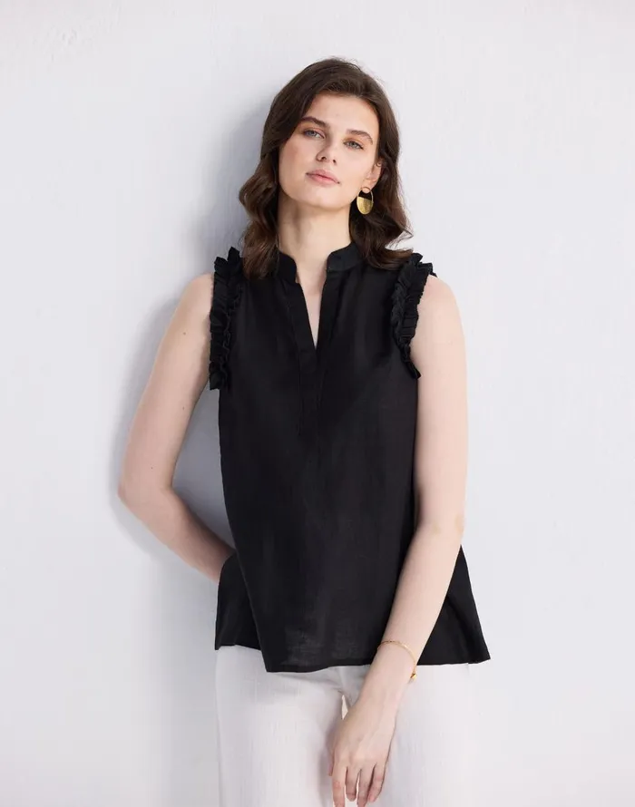 Madewell Reistor Sleeveless 100 Hemp Top With Ruffles In Black Black Women Tops and Shirts