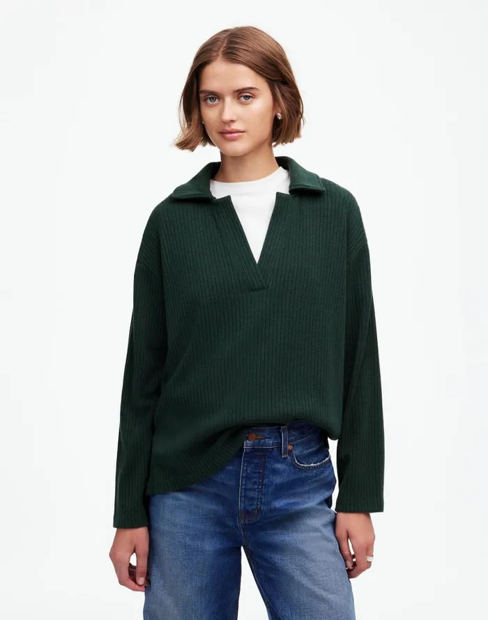 Madewell Relaxed LongSleeve Polo Tee Hthr Obsidian Women Sweaters