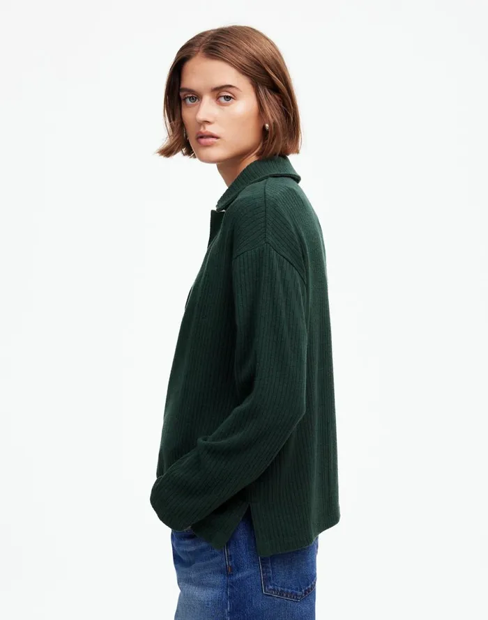 Madewell Relaxed LongSleeve Polo Tee Hthr Obsidian Women Sweaters