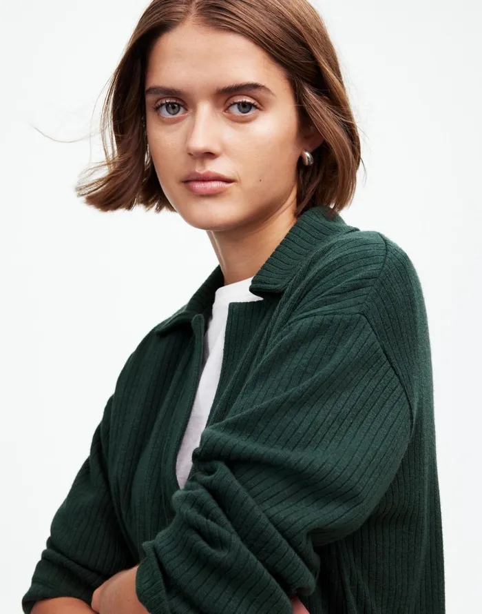 Madewell Relaxed LongSleeve Polo Tee Hthr Obsidian Women Sweaters