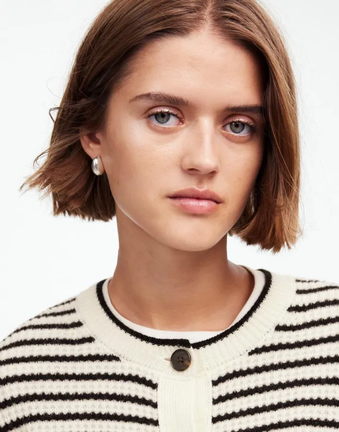 Madewell WaffleKnit Wool Cardigan In Stripe Winter White Stripe Women Sweaters Madewell WaffleKnit Wool Cardigan In Stripe Winter White Stripe Women Sweaters