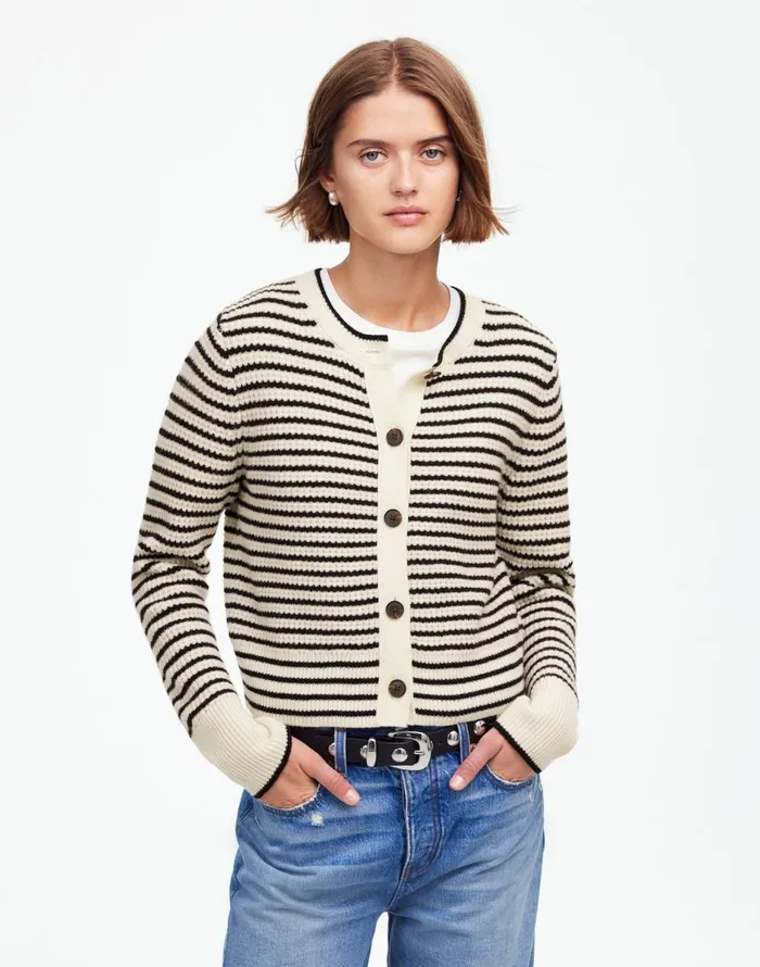 Madewell WaffleKnit Wool Cardigan In Stripe Winter White Stripe Women Sweaters
