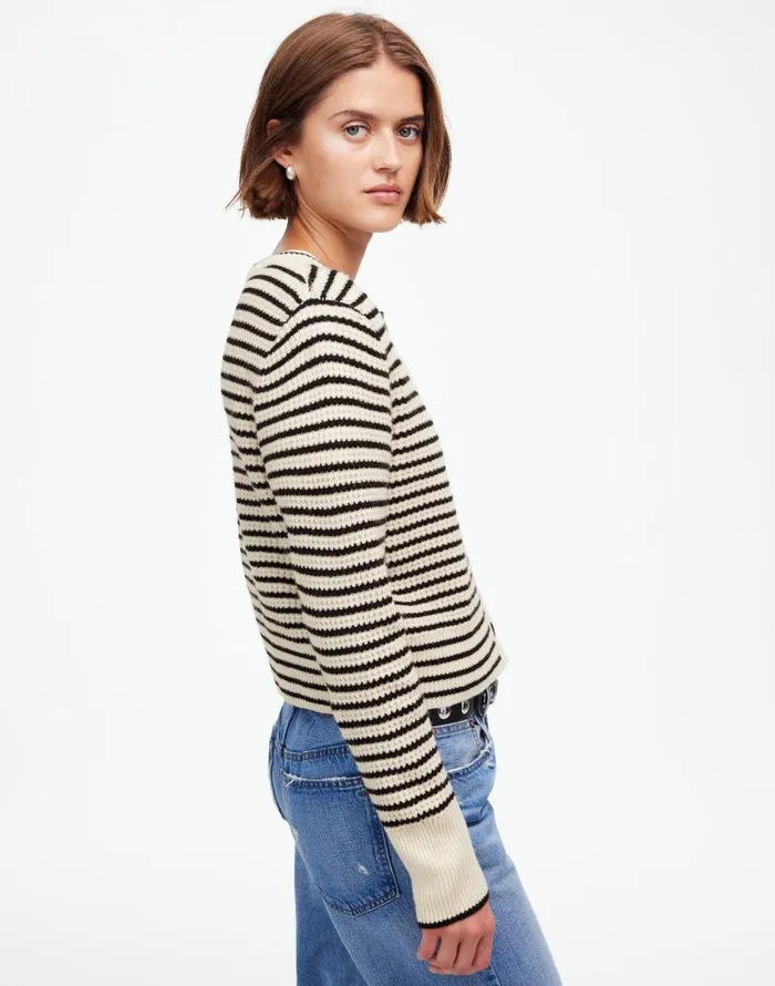 Madewell WaffleKnit Wool Cardigan In Stripe Winter White Stripe Women Sweaters
