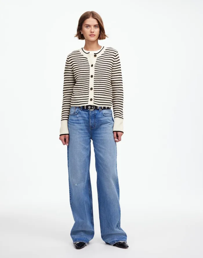 Madewell WaffleKnit Wool Cardigan In Stripe Winter White Stripe Women Sweaters