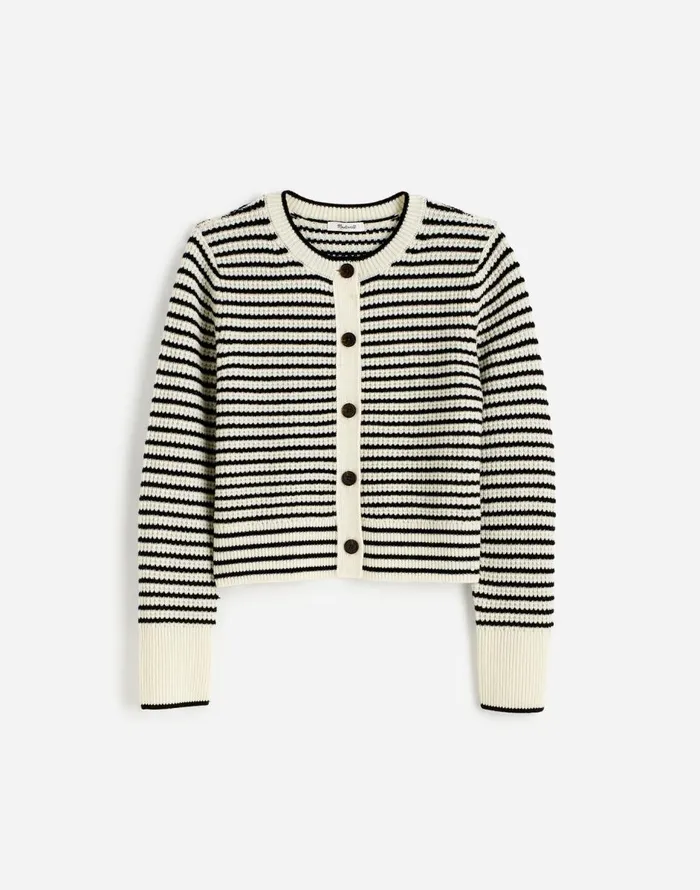 Madewell WaffleKnit Wool Cardigan In Stripe Winter White Stripe Women Sweaters