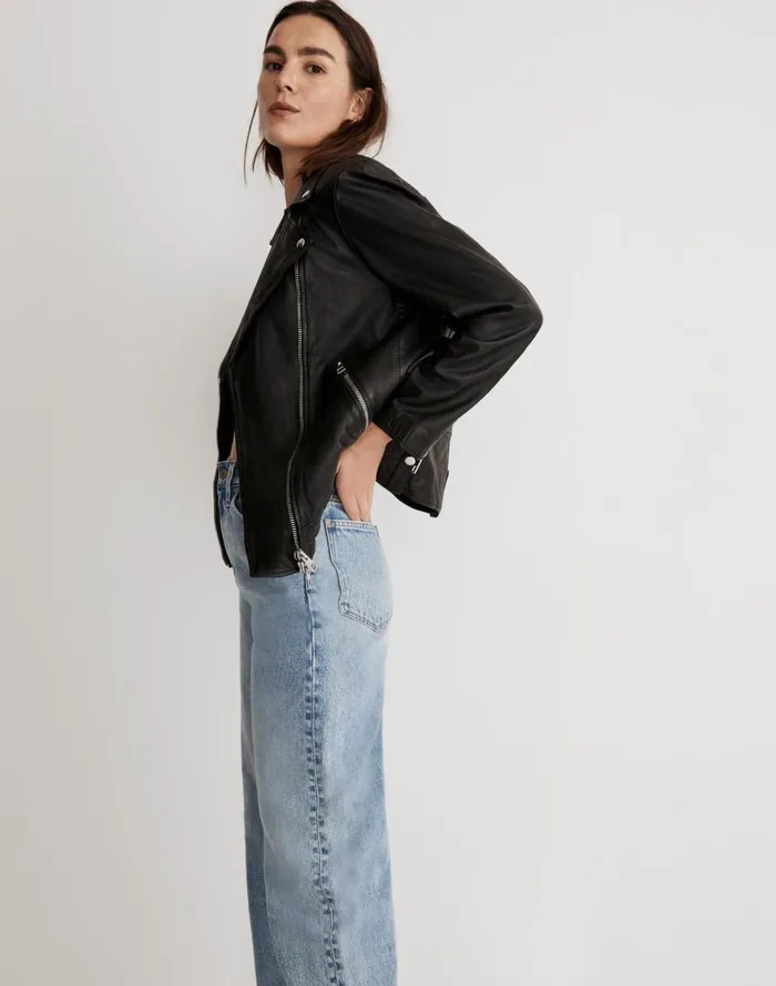 Madewell Washed Leather Oversized Motorcycle Jacket True Black Women Coats Jackets