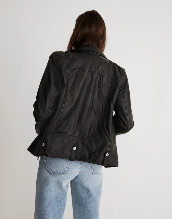 Madewell Washed Leather Oversized Motorcycle Jacket True Black Women Coats Jackets