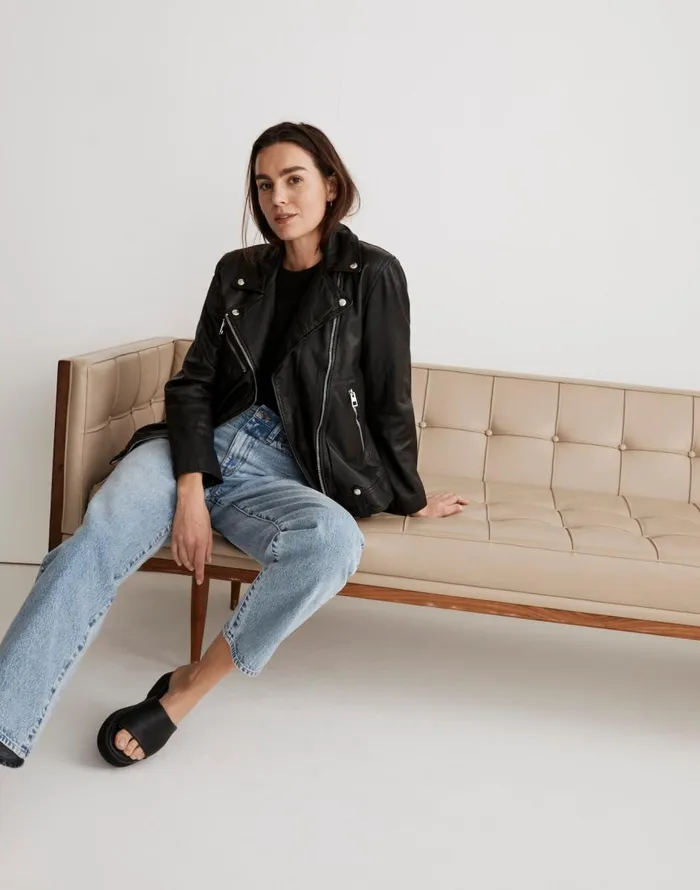 Madewell Washed Leather Oversized Motorcycle Jacket True Black Women Coats Jackets