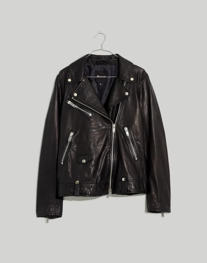 Madewell Washed Leather Oversized Motorcycle Jacket True Black Women Coats Jackets