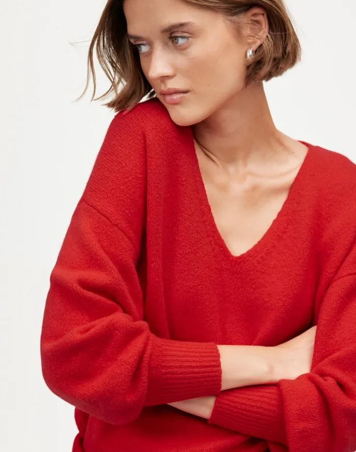 Madewell Wedged VNeck Sweater Bright Cherry Women Sweaters