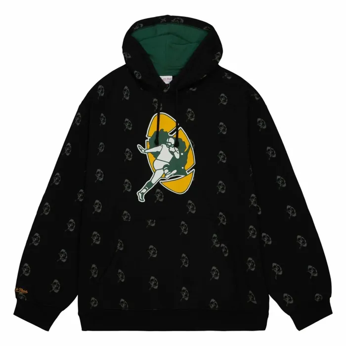 Men039s NFL Mitchell and Ness AOP Fleece Hoodie Green Bay Packers