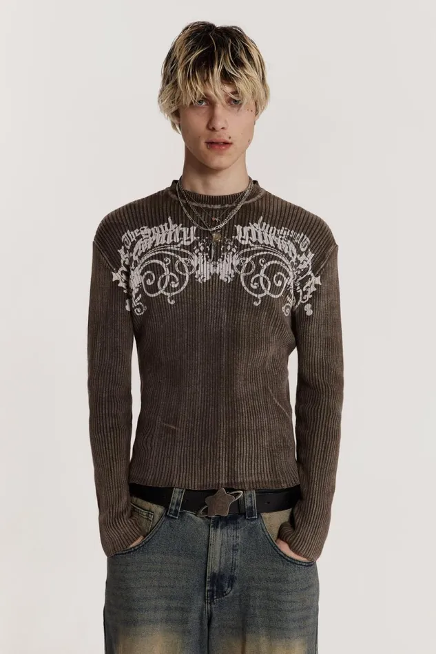 Men Acid Rib Jumper With Tattoo Print Jaded London Knitwear