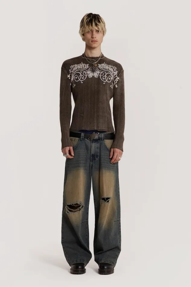 Men Acid Rib Jumper With Tattoo Print Jaded London Knitwear