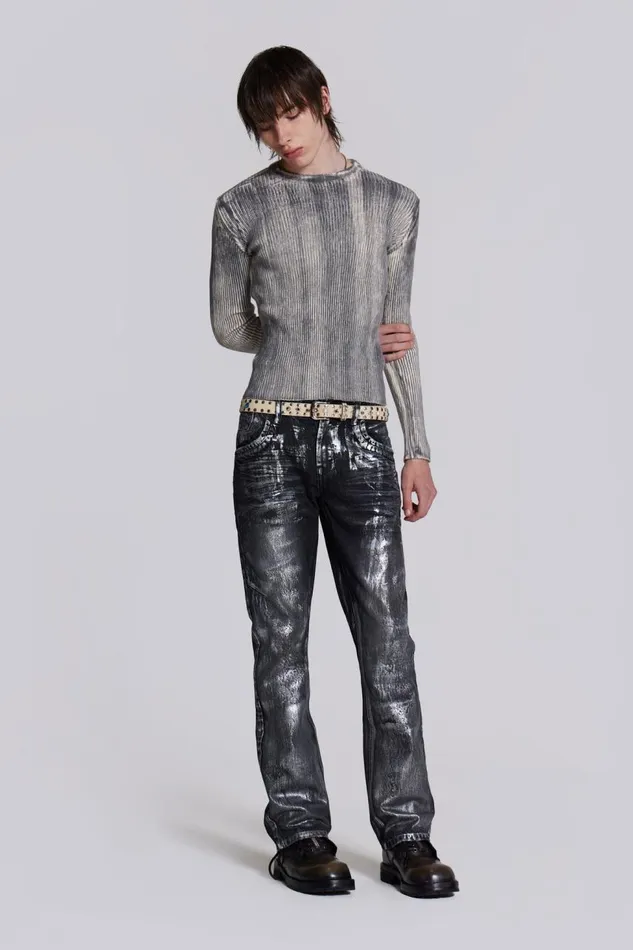 Men Black Silver Coated Slouchy Straight Fit Jeans Jaded London SlimStraight Jeans