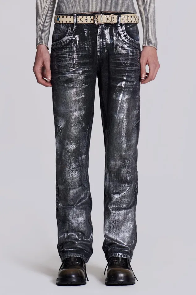 Men Black Silver Coated Slouchy Straight Fit Jeans Jaded London SlimStraight Jeans