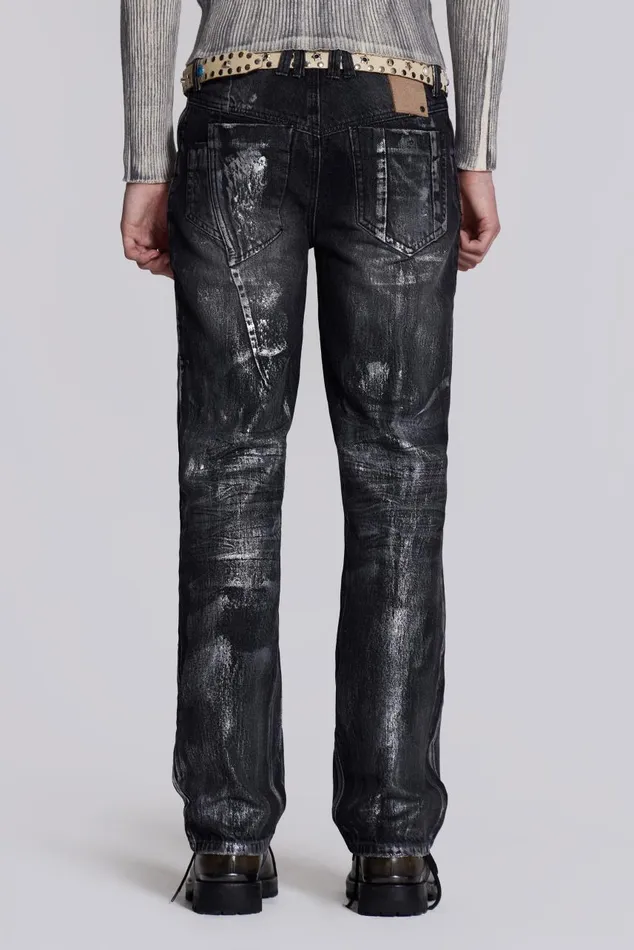 Men Black Silver Coated Slouchy Straight Fit Jeans Jaded London SlimStraight Jeans