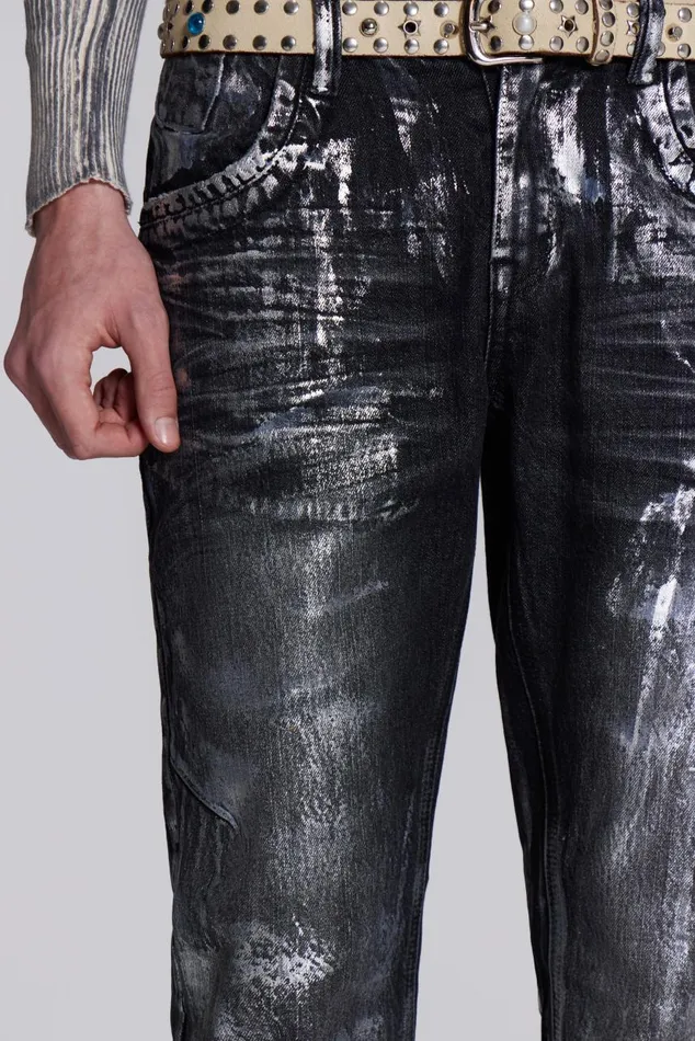 Men Black Silver Coated Slouchy Straight Fit Jeans Jaded London SlimStraight Jeans