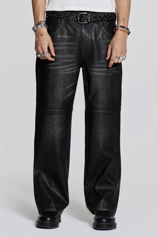 Men Distressed Vegan Leather Straight Leg Jeans Jaded London Trousers and Pants